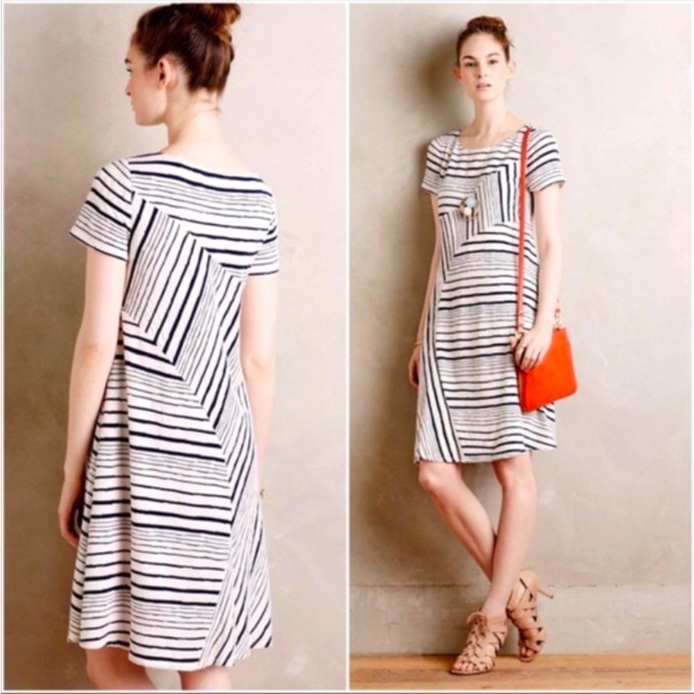 Anthro Maeve Abstract Stripe Short Sleeve Swing Tunic Dress